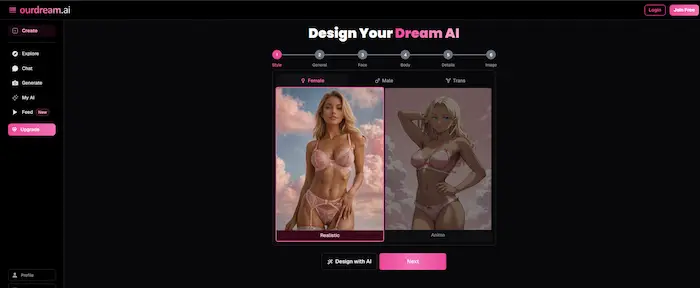 OurDream AI character library showcasing customization options and diverse character types